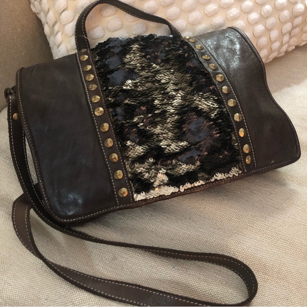 Italian Brown Leather Sequin-Embellished Women's Bag